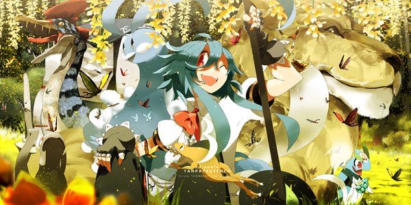 Anime picture 1200x598 with touhou hinanawi tenshi siirakannu long hair open mouth red eyes wide image blue hair one eye closed wink inscription teeth sharp teeth giant animal girl gloves flower (flowers) plant (plants) animal fingerless gloves