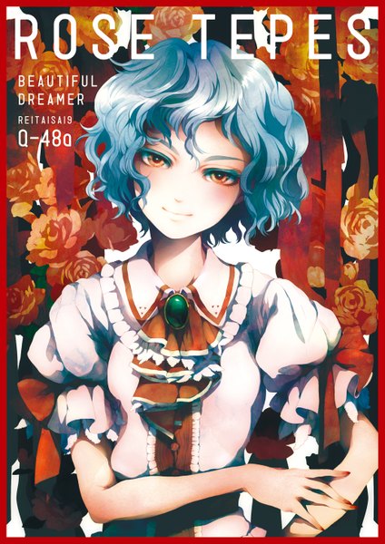 Anime picture 1023x1449 with touhou remilia scarlet pepepo (kyachi) single tall image short hair smile red eyes blue hair nail polish inscription girl dress flower (flowers)