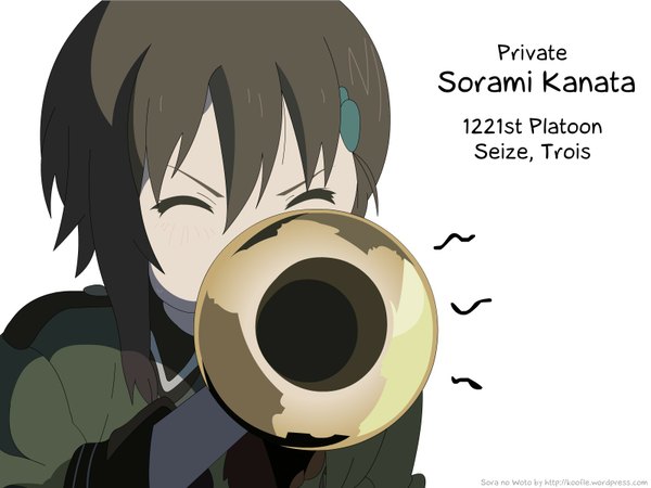 Anime picture 1600x1200 with sora no woto a-1 pictures sorami kanata single white background eyes closed inscription military girl hairclip musical instrument trumpet