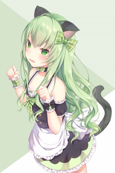 Anime picture 1200x1804 with original nachi single long hair tall image looking at viewer blush fringe open mouth simple background hair between eyes standing bare shoulders green eyes animal ears ahoge tail animal tail green hair cat ears