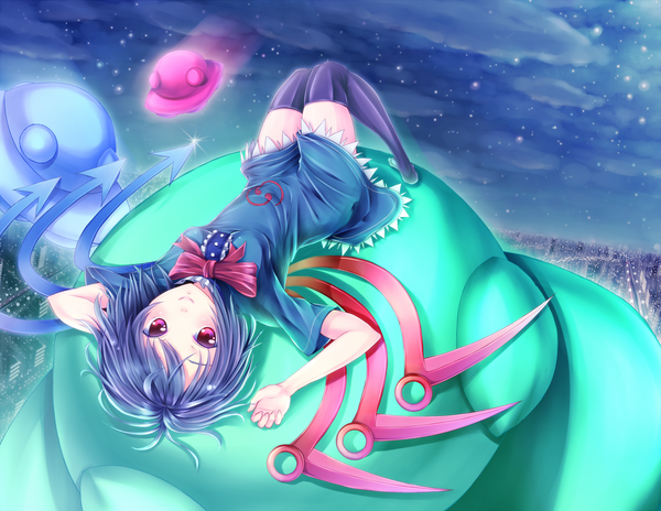 Anime picture 1620x1253 with touhou houjuu nue dabadhi short hair blue hair lying pink eyes girl thighhighs black thighhighs wings spacecraft ufo flying saucer