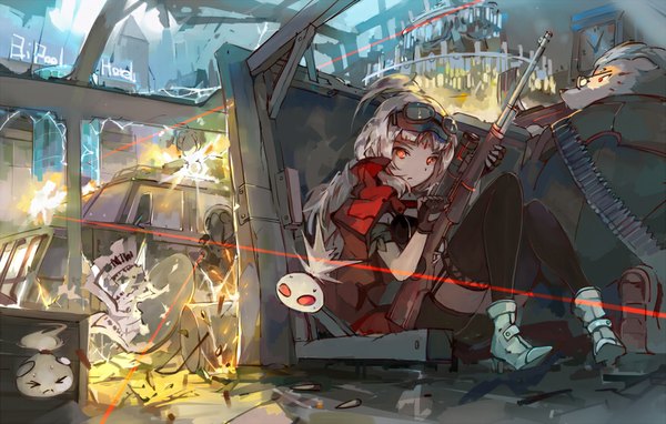 Anime picture 876x558 with original pixiv fantasia pixiv fantasia t d.b.spark single long hair looking at viewer fringe red eyes sitting holding bent knee (knees) white hair ponytail high heels ghost ruins goggles on head destruction shot