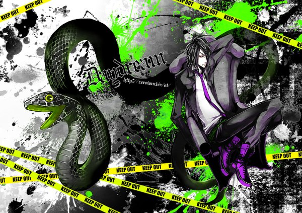 Anime picture 1275x900 with original bonnou no kai (artist) fringe short hair black hair red eyes hair over one eye piercing boy ribbon (ribbons) necktie snake