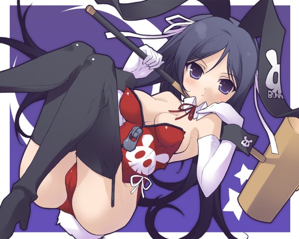 Anime picture 1280x1024 with nagomibako minami shiori kotamaru-mu long hair looking at viewer blush light erotic black hair purple eyes cleavage bunny ears bunny girl framed bunny tail :< girl thighhighs gloves elbow gloves wrist cuffs