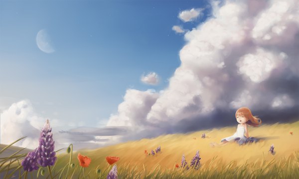 Anime picture 1920x1151 with original sebaschan single long hair fringe highres open mouth brown hair wide image sitting sky cloud (clouds) eyes closed :d barefoot arm support shadow horizon scenic hill