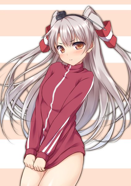 Anime picture 566x800 with kantai collection amatsukaze destroyer sena chifuyu single long hair tall image looking at viewer blush light erotic simple background brown eyes grey hair two side up girl uniform hat gym uniform hair tubes mini hat mini top hat