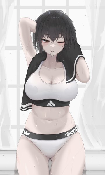Anime picture 3000x5000 with adidas gwan-e single tall image looking at viewer blush fringe highres short hair breasts light erotic black hair hair between eyes large breasts standing holding brown eyes cleavage indoors one eye closed