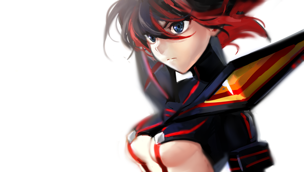 Anime picture 1200x680 with kill la kill studio trigger matoi ryuuko inja single short hair blue eyes light erotic black hair simple background wide image white background looking away red hair multicolored hair two-tone hair streaked hair underboob colored inner hair girl