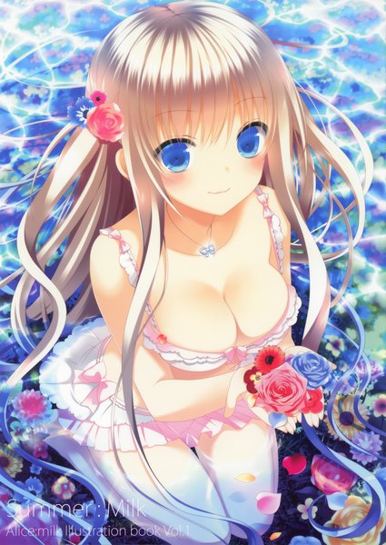 Anime picture 2127x3000 with original makita maki single long hair tall image looking at viewer blush highres breasts blue eyes light erotic large breasts white hair hair flower two side up girl hair ornament flower (flowers) swimsuit bikini