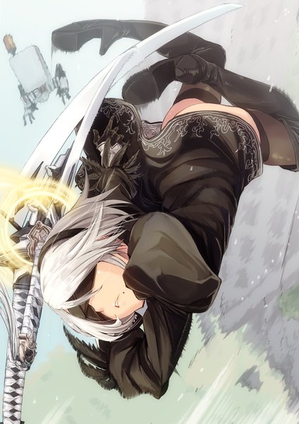 Anime picture 827x1169 with nier nier:automata yorha no. 2 type b pod (nier:automata) fu-ta single tall image short hair light erotic silver hair mole puffy sleeves mole under mouth falling blindfold girl thighhighs dress weapon black thighhighs