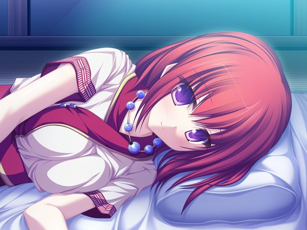 Anime picture 1600x1200 with suzukaze no melt tsubaki nazuna tenmaso short hair purple eyes game cg red hair girl pillow
