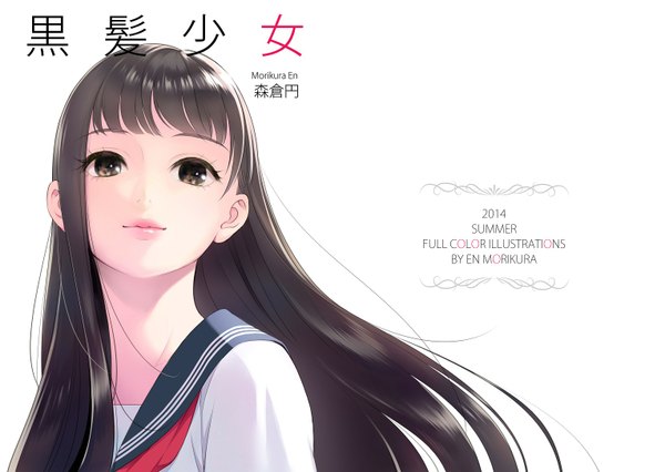Anime picture 1530x1088 with original morikura en single long hair fringe black hair simple background white background signed light smile wind black eyes lipstick text looking up english pink lipstick summer 2014 girl