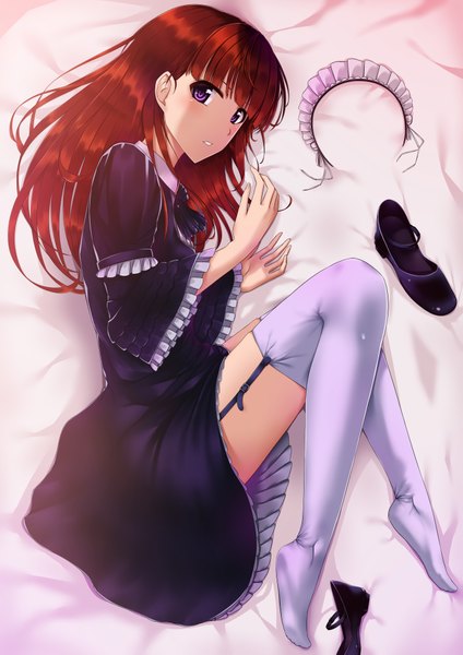 Anime picture 2894x4093 with original sleipnir single long hair tall image looking at viewer highres purple eyes red hair girl thighhighs dress white thighhighs shoes