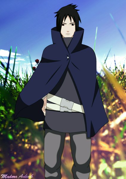 Anime picture 1200x1700 with naruto studio pierrot naruto (series) uchiha izuna anvmadara single tall image looking at viewer short hair black hair sky cloud (clouds) black eyes hand on hip coloring spiked hair boy plant (plants) cape grass