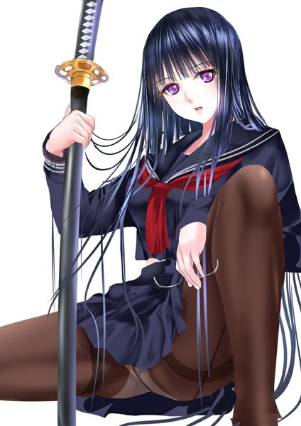 Anime picture 596x842 with original ponytail korosuke single tall image looking at viewer fringe light erotic black hair white background sitting purple eyes holding very long hair parted lips pleated skirt spread legs girl skirt uniform underwear