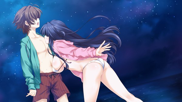 Anime picture 1280x720 with hoshi no ouji-kun kamino kokoro qp:flapper long hair short hair breasts light erotic black hair brown hair wide image large breasts game cg night couple girl boy swimsuit bikini