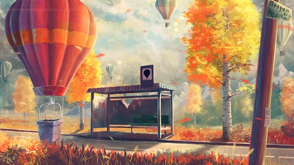 Anime picture 2000x1125 with original sylar113 highres wide image sky cloud (clouds) outdoors sunlight mountain flying no people sunbeam flower (flowers) plant (plants) leaf (leaves) grass autumn leaves bench aircraft road