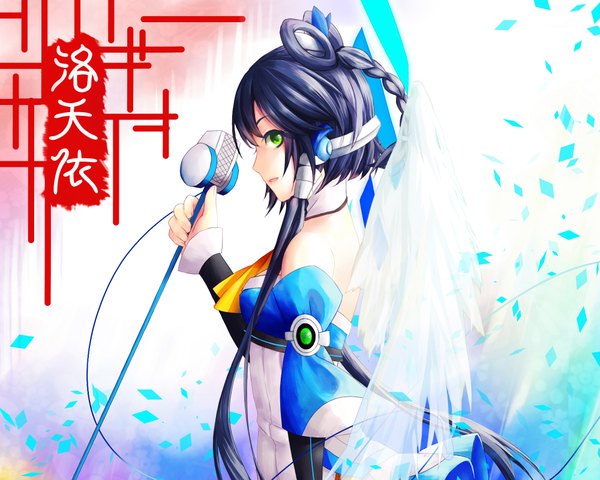 Anime picture 2000x1600 with vocaloid vocaloid china luo tianyi sarie (zyy842434511) single long hair looking at viewer highres green eyes blue hair braid (braids) character names girl dress wings microphone wire (wires) microphone stand