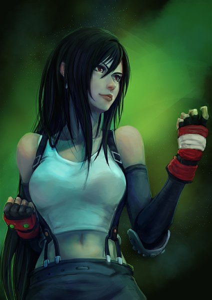 Anime picture 744x1052 with final fantasy final fantasy vii square enix tifa lockhart nahkuman single long hair tall image fringe black hair simple background smile red eyes bare shoulders looking away lips bare belly gradient background fighting stance green background