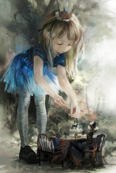Anime picture 1000x1486 with alice in wonderland alice (wonderland) white rabbit cheshire cat mad hatter merii long hair tall image blush blonde hair standing sitting holding eyes closed from behind realistic leaning leaning forward girl boy