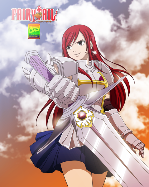 Anime picture 1196x1500 with fairy tail erza scarlet sal-88 single long hair tall image smile brown eyes sky cloud (clouds) red hair sunlight inscription coloring girl weapon earrings miniskirt sword armor