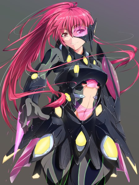 Anime picture 1000x1333 with original nanase nanami (artist) single long hair tall image looking at viewer simple background red eyes ponytail red hair light smile mecha musume girl navel