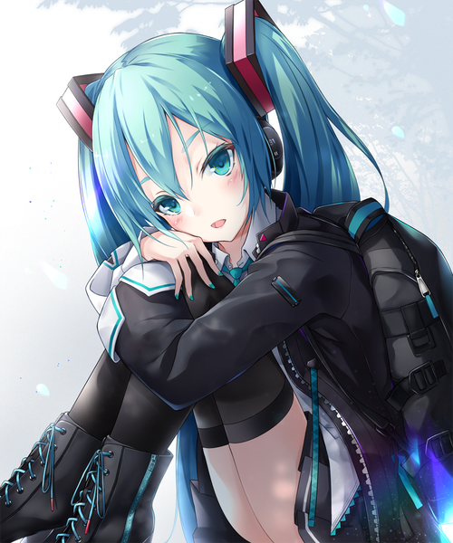 Anime picture 1001x1200 with vocaloid hatsune miku ajigo single long hair tall image looking at viewer blush fringe open mouth light erotic simple background hair between eyes sitting twintails aqua eyes fingernails aqua hair open jacket girl