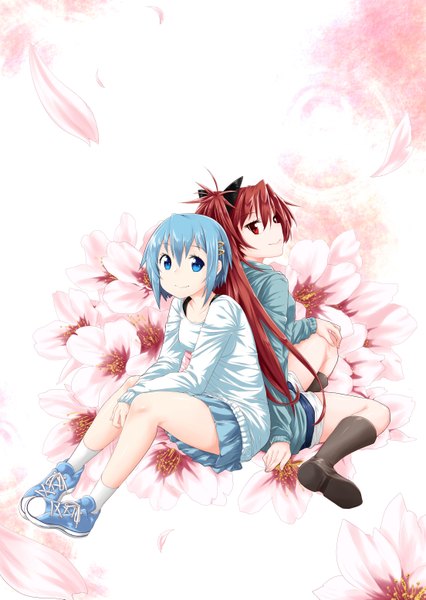 Anime picture 2208x3106 with mahou shoujo madoka magica shaft (studio) sakura kyouko miki sayaka kaho long hair tall image looking at viewer highres short hair blue eyes smile red eyes sitting multiple girls blue hair ponytail red hair back to back girl