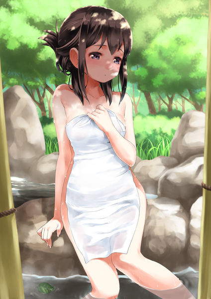 Anime picture 1414x2000 with mahou shoujo madoka magica shaft (studio) akemi homura rin2008 single tall image blush fringe short hair breasts light erotic black hair sitting purple eyes looking away sunlight arm support no bra wet no panties