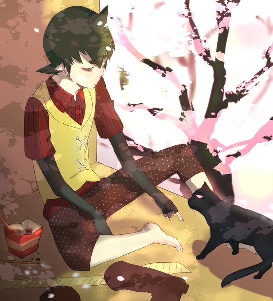Anime picture 1378x1516 with ao no exorcist a-1 pictures amaimon tall image short hair black hair sitting barefoot pointy ears cherry blossoms demon boy gloves petals elbow gloves cat vest