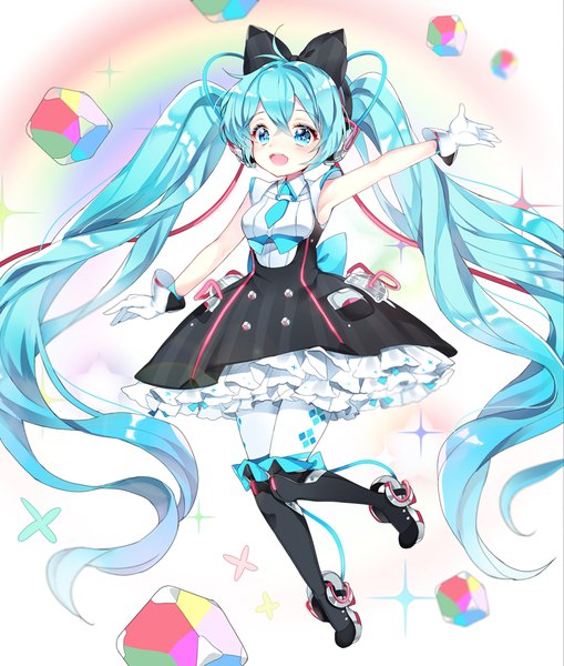 Anime picture 834x984 with vocaloid magical mirai (vocaloid) hatsune miku magical mirai miku magical mirai miku (2016) pingo single tall image fringe open mouth blue eyes hair between eyes twintails full body ahoge bent knee (knees) very long hair arm up aqua hair armpit (armpits)