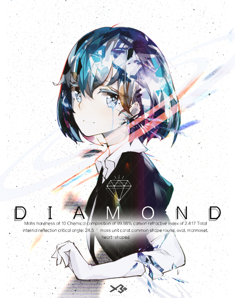 Anime picture 702x891 with houseki no kuni diamond (houseki no kuni) openvl single tall image fringe short hair simple background hair between eyes white background silver hair upper body puffy sleeves character names tears text english silver eyes androgynous gloves