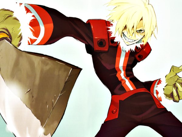 Anime picture 1600x1200 with tengen toppa gurren lagann gainax viral nishigori atsushi single looking at viewer fringe short hair simple background blonde hair smile hair over one eye official art fur trim grin boy weapon fur