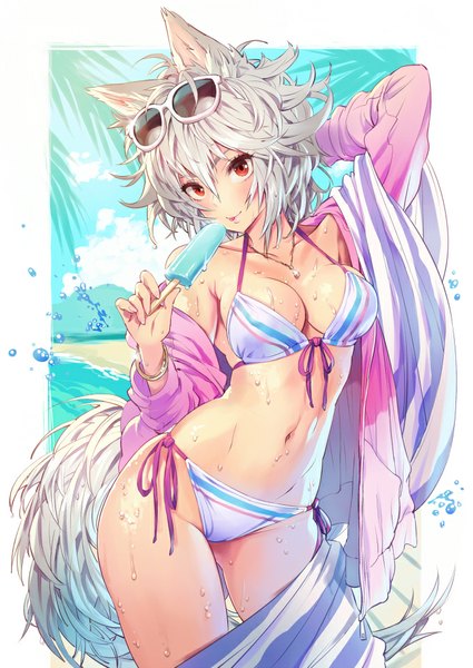 Anime picture 680x960 with touhou inubashiri momiji matsuda (matsukichi) single tall image looking at viewer fringe short hair breasts light erotic red eyes animal ears cleavage silver hair tail animal tail wet beach border sunglasses on head