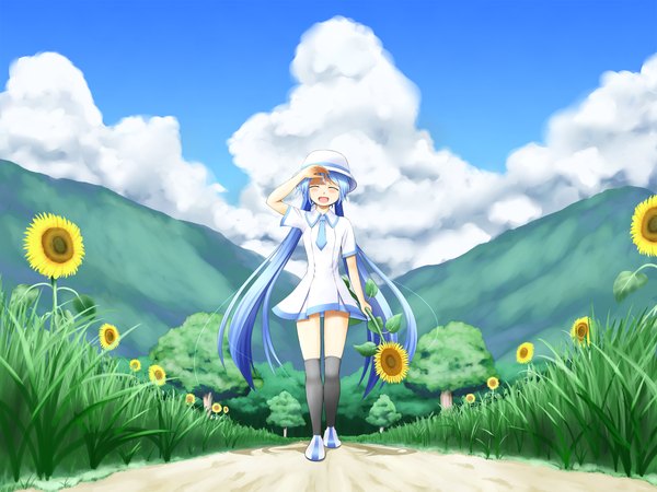 Anime picture 2000x1500 with vocaloid hatsune miku nanatsuba single blush highres open mouth twintails blue hair cloud (clouds) eyes closed very long hair girl thighhighs black thighhighs hat sunflower