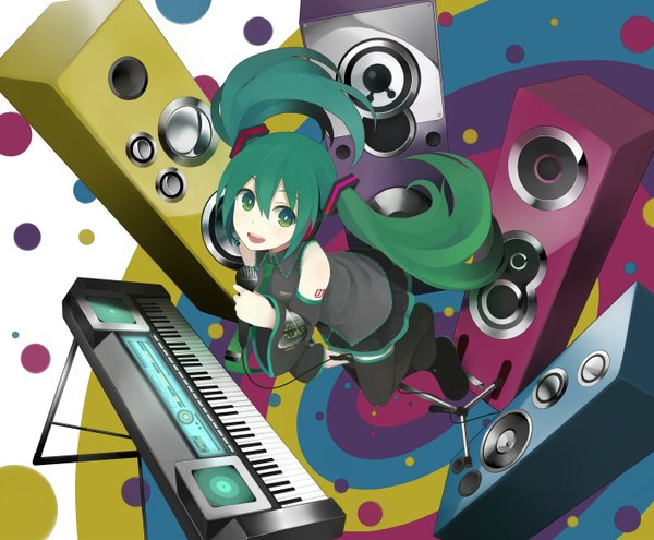 Anime picture 1405x1161 with vocaloid hatsune miku nnyu single long hair open mouth twintails green eyes looking away green hair from above girl detached sleeves thigh boots microphone microphone stand speakers synthesizer