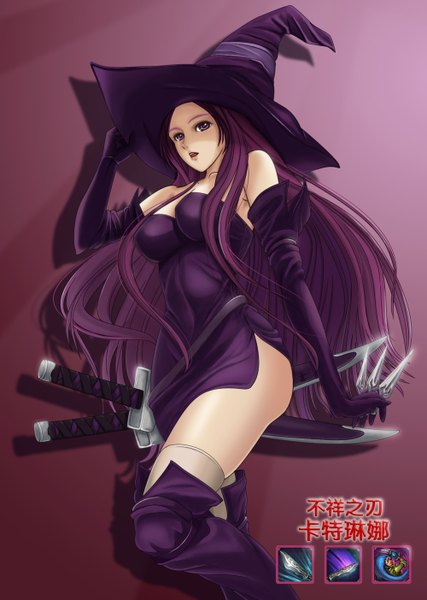 Anime picture 1000x1404 with league of legends katarina (league of legends) single long hair tall image breasts open mouth light erotic large breasts purple eyes purple hair girl dress gloves sword elbow gloves katana witch hat