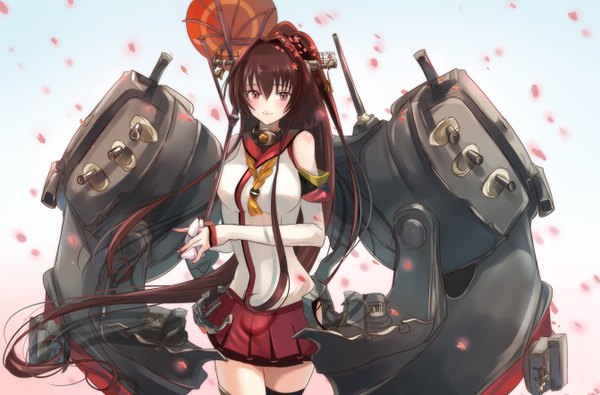 Anime picture 5366x3541 with kantai collection yamato super battleship kayanogura single blush fringe highres smile hair between eyes brown hair bare shoulders brown eyes absurdres ponytail very long hair wind girl detached sleeves petals