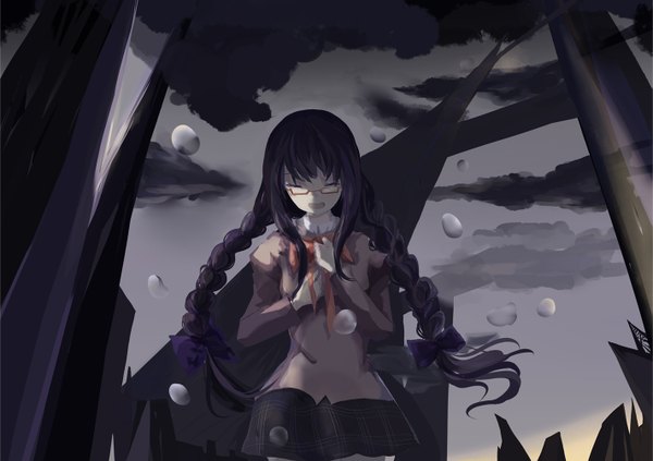 Anime picture 1421x1004 with mahou shoujo madoka magica shaft (studio) akemi homura wttwj single long hair fringe open mouth black hair payot cloud (clouds) braid (braids) eyes closed long sleeves from below twin braids plaid skirt crying screaming girl