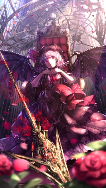 Anime picture 900x1588 with touhou remilia scarlet ryosios single tall image looking at viewer short hair open mouth red eyes silver hair girl dress flower (flowers) bow weapon petals wings frills rose (roses) bonnet