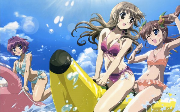 Anime picture 2560x1600 with nogizaka haruka no himitsu nogizaka haruka nogizaka mika amamiya shiina ishino satoshi long hair highres breasts blue eyes brown hair wide image large breasts twintails multiple girls brown eyes sky purple hair lens flare girl swimsuit