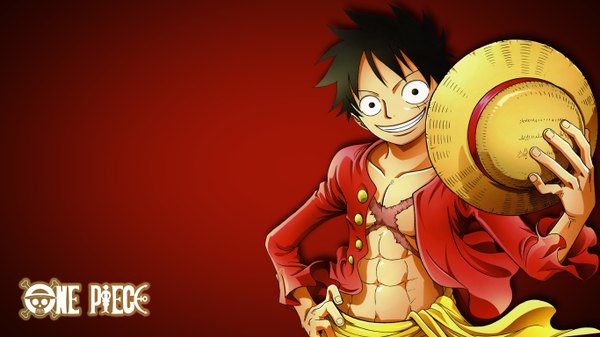 Anime picture 1366x768 with one piece toei animation monkey d. luffy single short hair black hair wide image brown eyes sky cloud (clouds) looking back hieroglyph scar muscle boy hat shirt straw hat