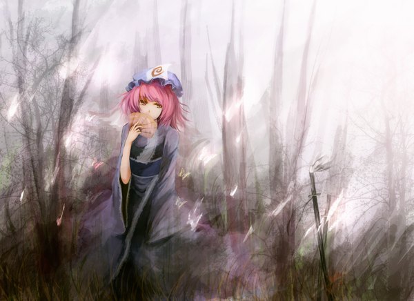 Anime picture 1500x1091 with touhou saigyouji yuyuko single short hair pink hair traditional clothes japanese clothes pink eyes girl plant (plants) sword tree (trees) kimono katana insect butterfly grass bonnet fan forest