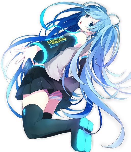 Anime picture 720x840 with vocaloid hatsune miku sogawa single long hair tall image looking at viewer fringe open mouth blue eyes light erotic simple background white background twintails blue hair full body ahoge looking back pantyshot outstretched arm