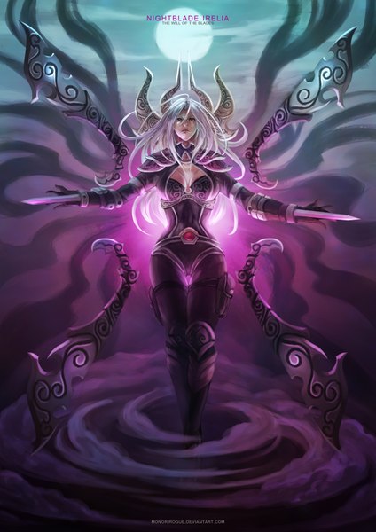 Anime picture 2480x3508 with league of legends irelia (league of legends) monori rogue long hair tall image looking at viewer highres red eyes silver hair lips girl weapon bodysuit