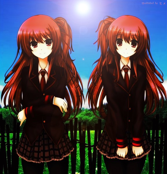 Anime picture 3200x3333 with toyokawa itsuki (p mayuhime) long hair tall image blush highres smile red eyes multiple girls absurdres sky red hair light smile girl uniform 2 girls plant (plants) school uniform pantyhose grass