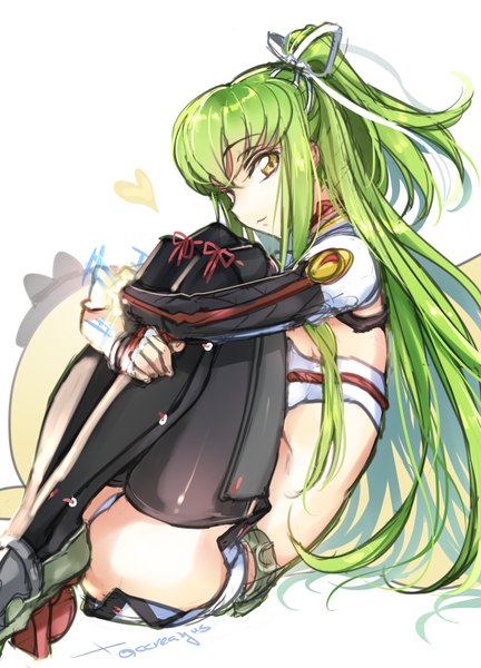 Anime picture 600x833 with code geass sunrise (studio) c.c. creayus single long hair tall image fringe light erotic sitting yellow eyes bent knee (knees) ass ponytail green hair midriff half updo leg lift (legs lift) leg hug kisaragi (kantai collection) (cosplay)