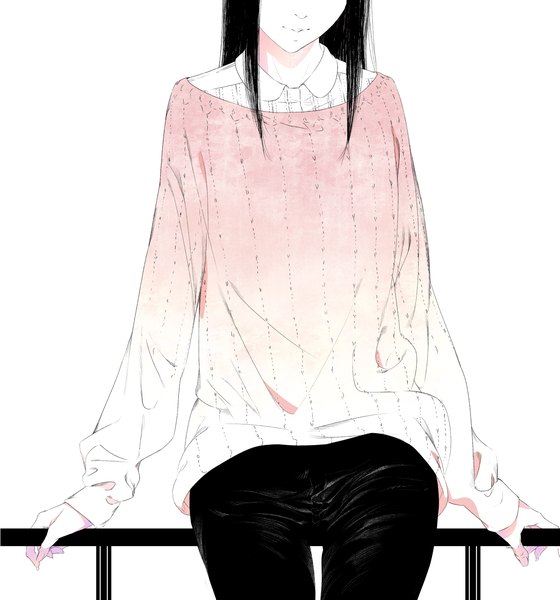 Anime picture 1401x1500 with original sousou (sousouworks) single long hair tall image fringe black hair simple background white background sitting monochrome revision casual girl pants sweater fence
