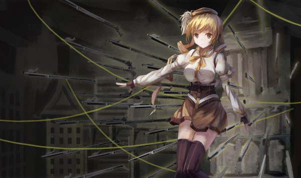 Anime picture 1920x1138 with mahou shoujo madoka magica shaft (studio) tomoe mami tianya beiming single long hair looking at viewer highres blonde hair smile wide image twintails yellow eyes drill hair underbust girl thighhighs gloves weapon fingerless gloves