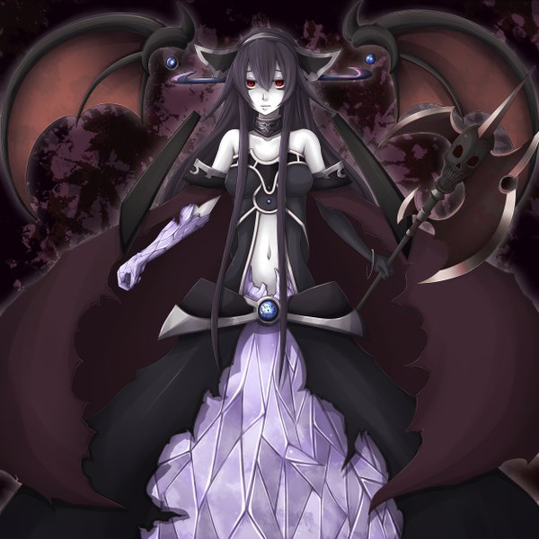 Anime picture 1250x1250 with yu-gi-oh! shintani tsushiya single long hair black hair red eyes bare shoulders midriff demon girl demon girl gloves weapon wings elbow gloves bracelet necklace